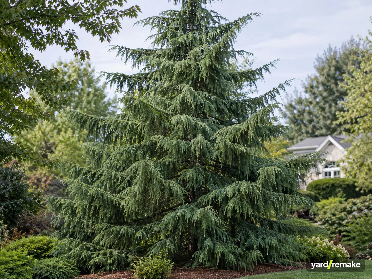 A mature Deodar Cedar (Cedrus deodara) growing in a residential garden bed