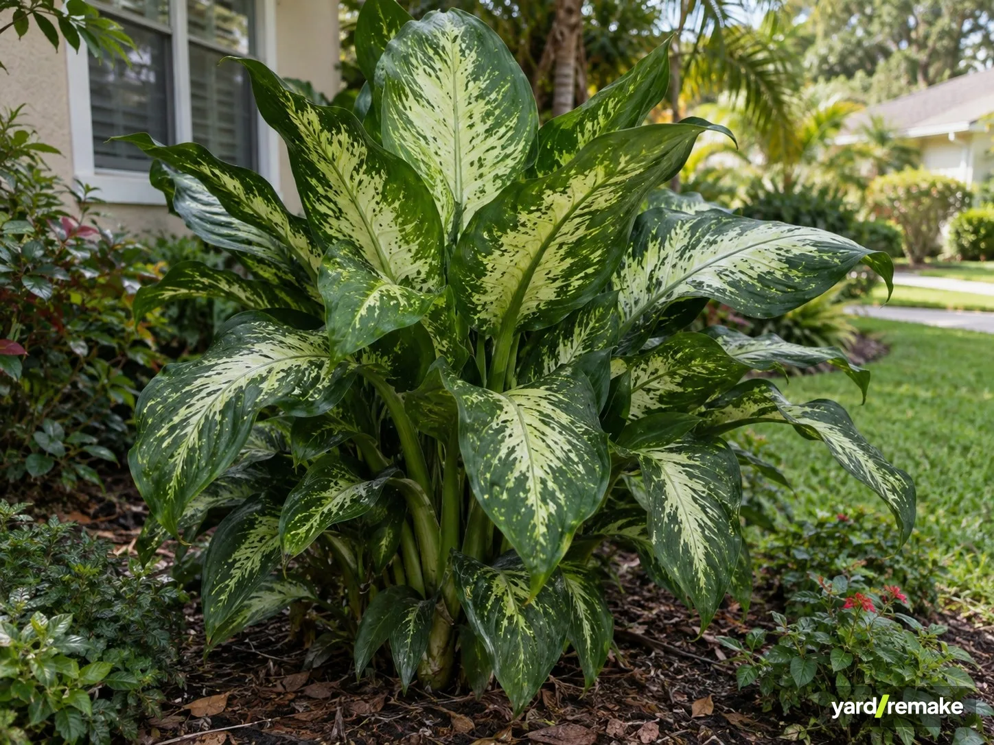 A mature Dieffenbachia (Dumb Cane) (Dieffenbachia seguine) growing in a residential garden bed