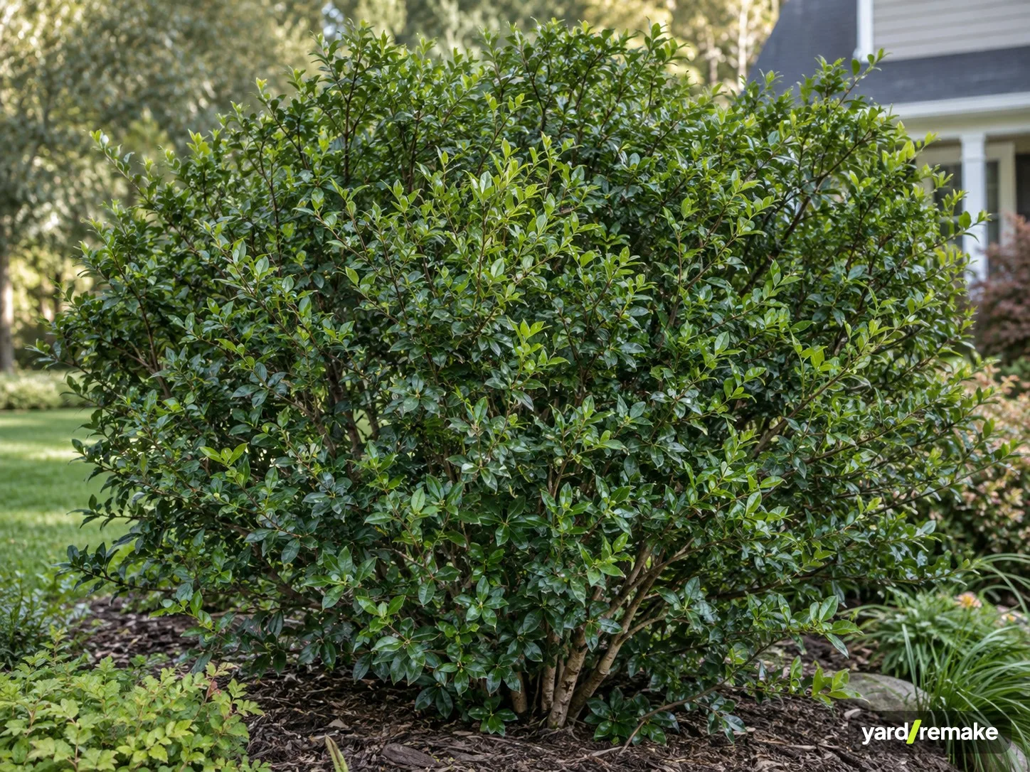 A mature Distylium (Distylium myricoides) growing in a residential garden bed
