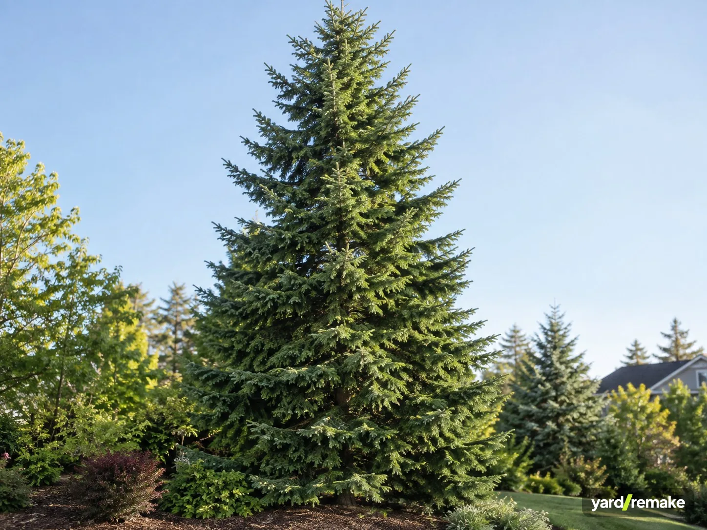 A mature Douglas Fir (Pseudotsuga menziesii) growing in a residential garden bed