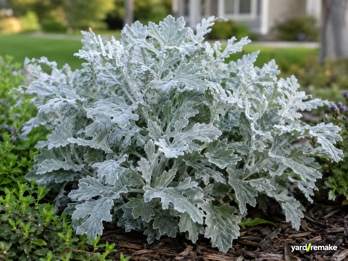 A mature Dusty Miller (Jacobaea maritima) growing in a residential garden bed