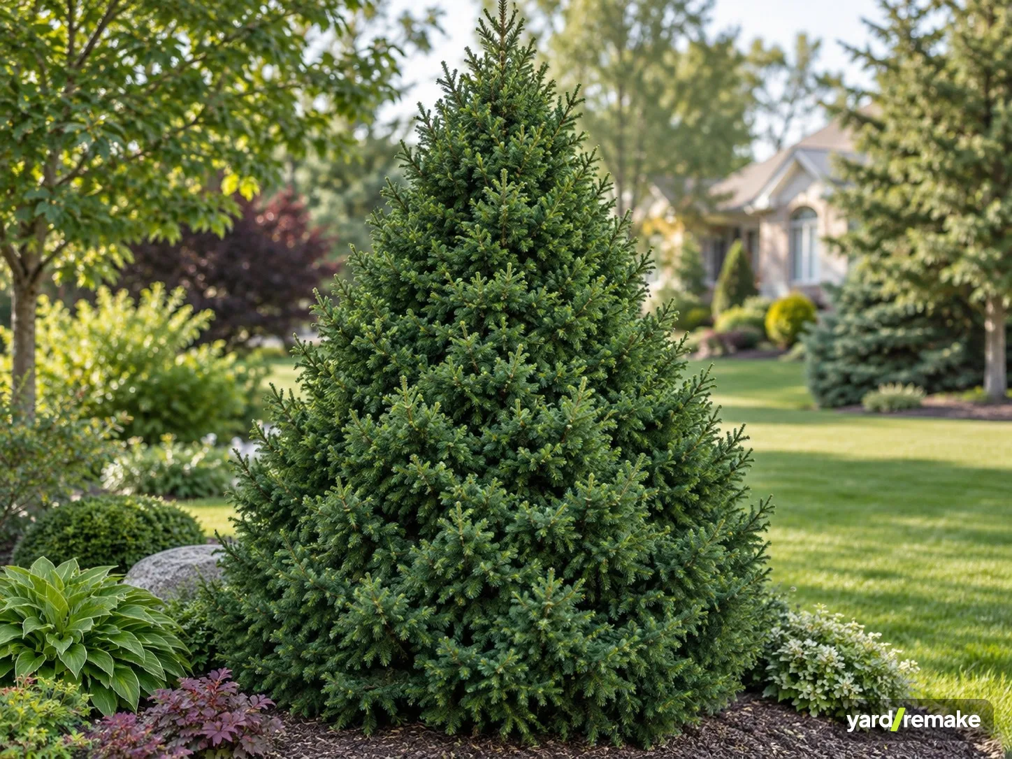A mature Dwarf Alberta Spruce (Picea glauca) growing in a residential garden bed