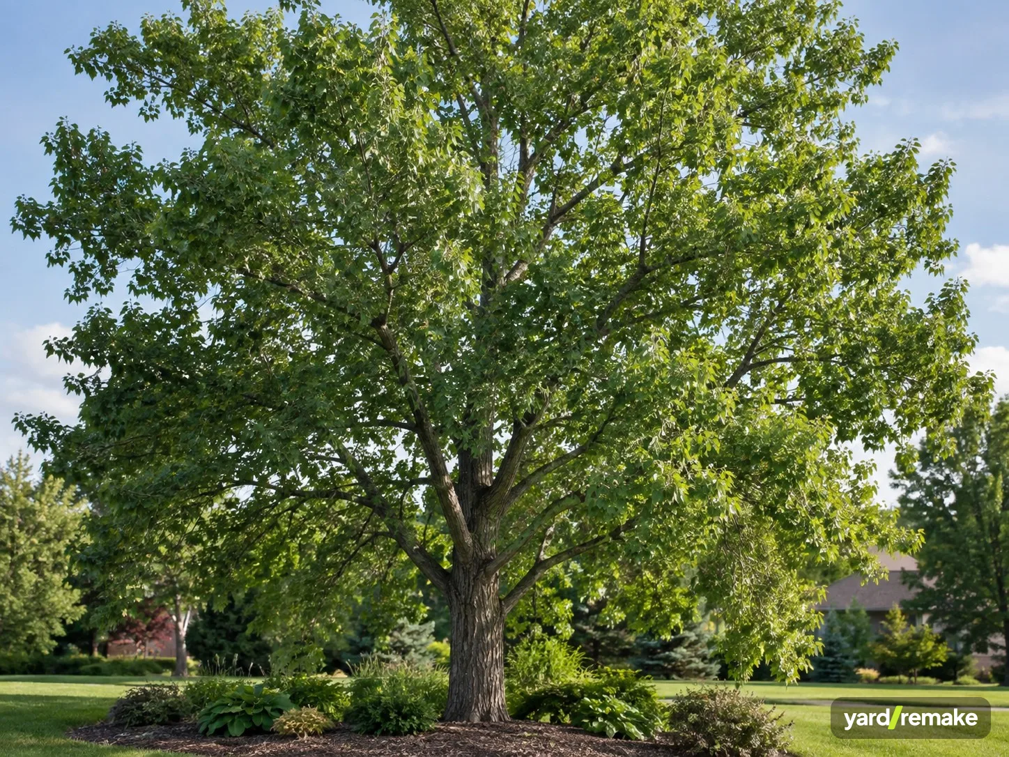 A mature Eastern Cottonwood (Populus deltoides) growing in a residential garden bed