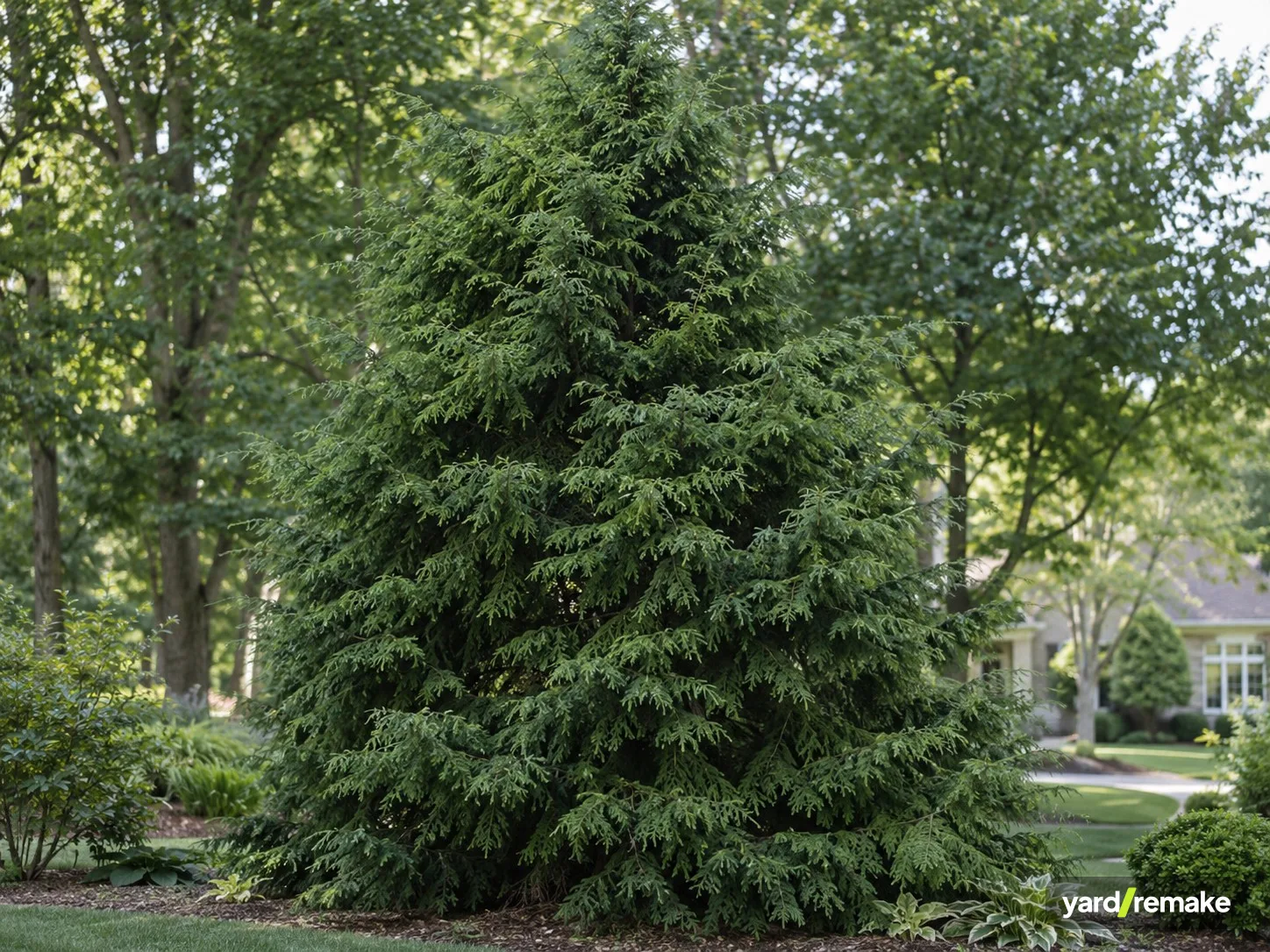 A mature Eastern Hemlock (Tsuga canadensis) growing in a residential garden bed