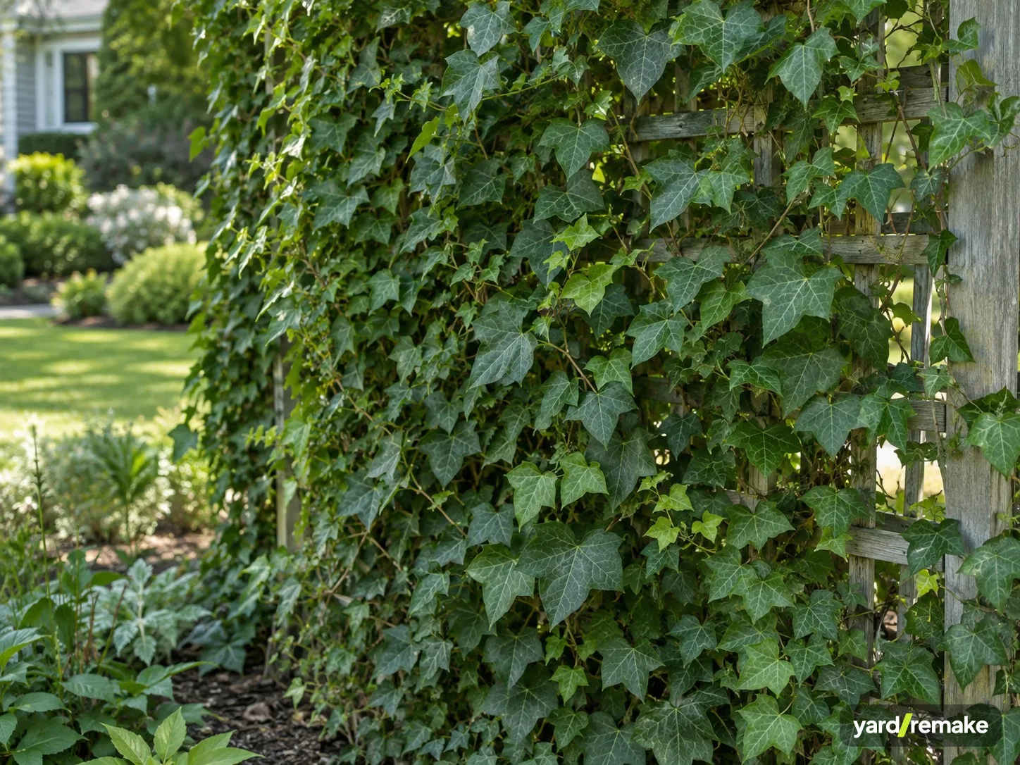 A mature English Ivy (Hedera helix) growing in a residential garden bed