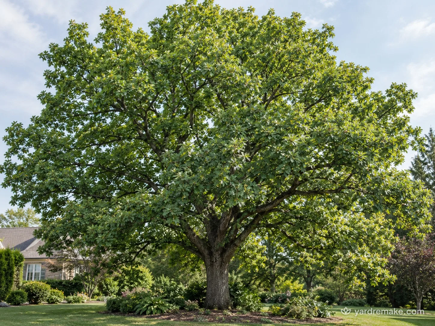 A mature English Oak (Quercus robur) growing in a residential garden bed