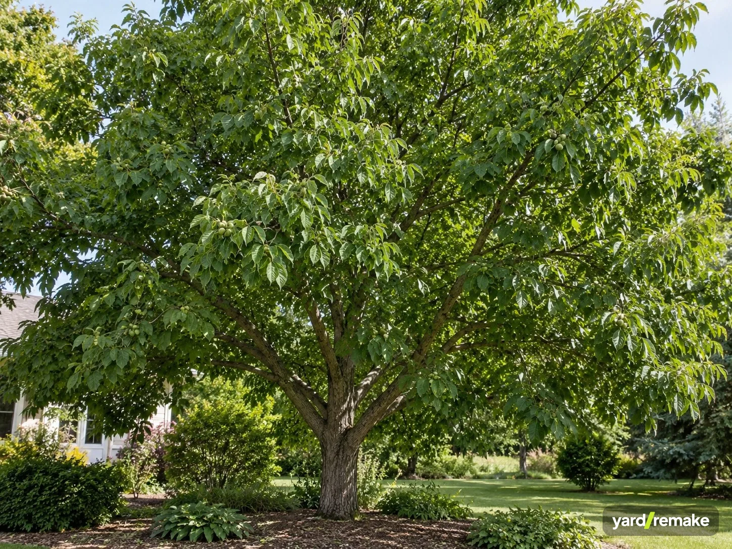 A mature English Walnut (Juglans regia) growing in a residential garden bed