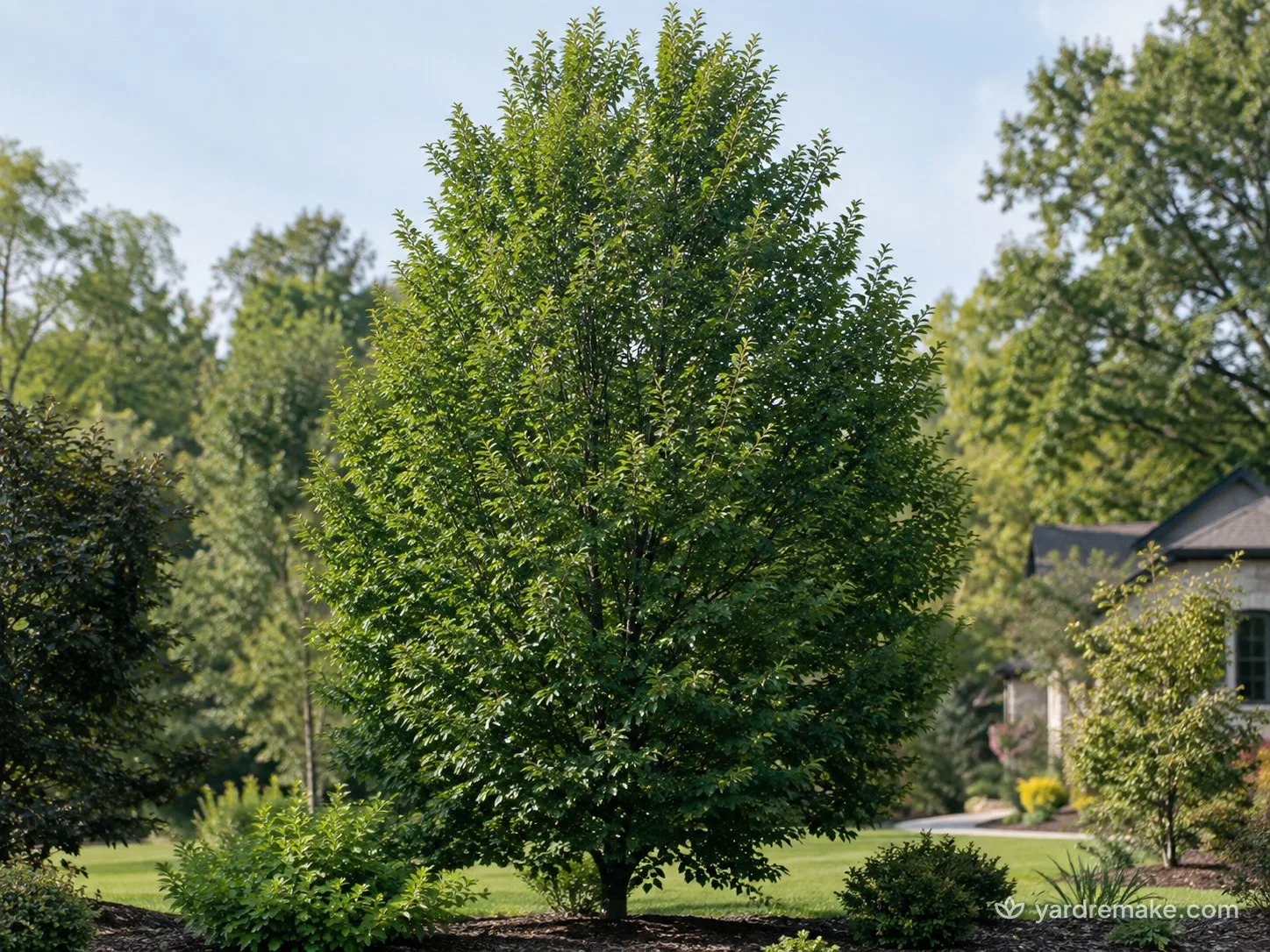 A mature European Hornbeam (Carpinus betulus) growing in a residential garden bed