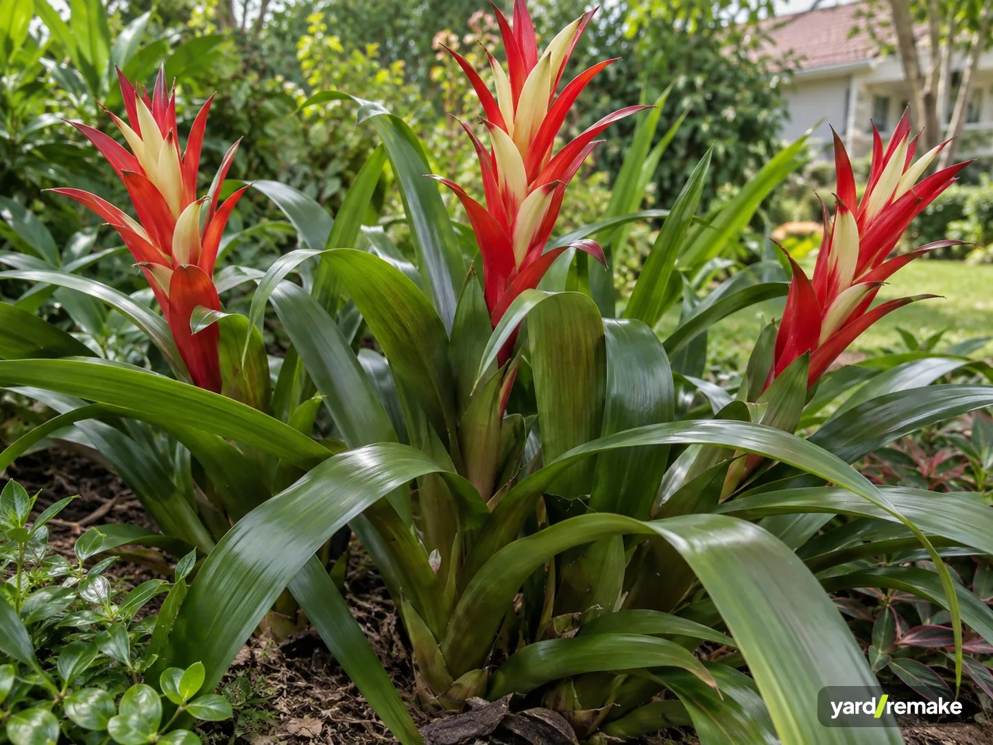 A mature Flaming Sword Bromeliad (Vriesea splendens) growing in a residential garden bed