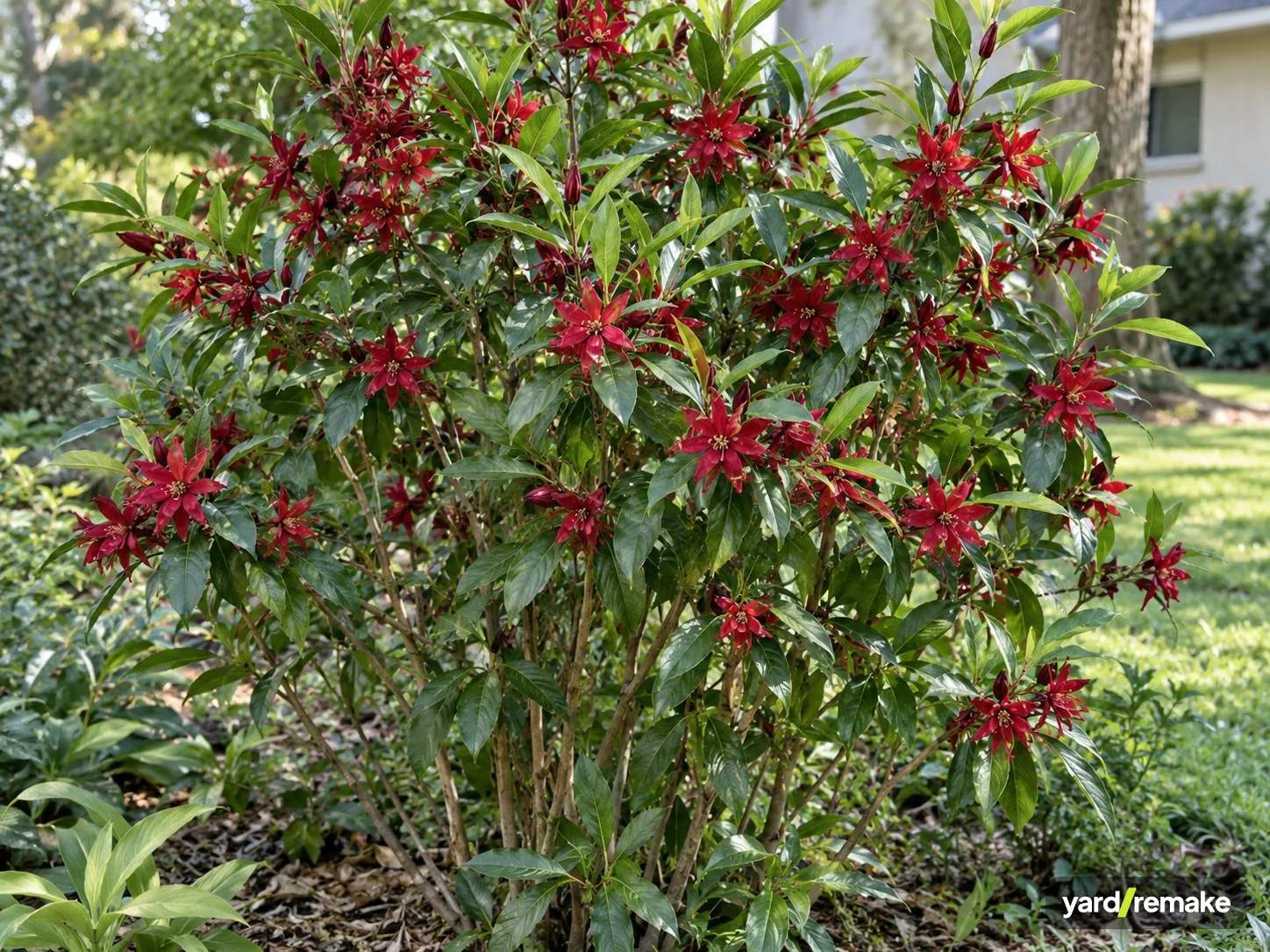 A mature Florida Anise (Illicium floridanum) growing in a residential garden bed