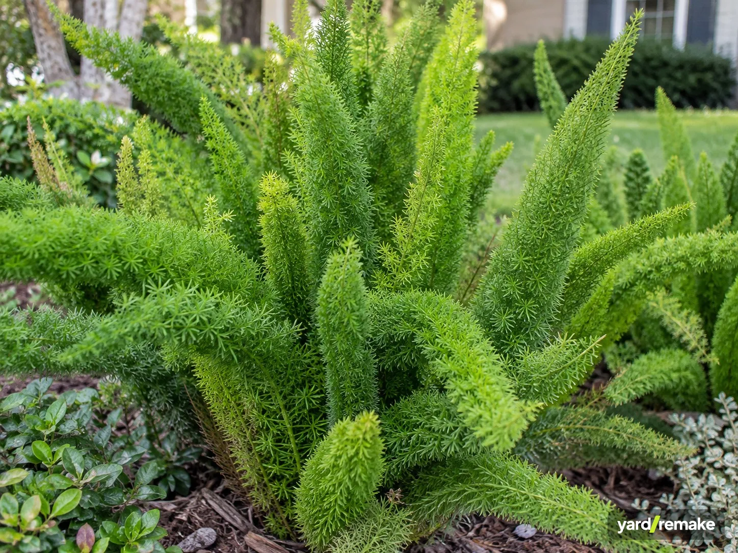 A mature Foxtail Fern (Asparagus densiflorus 'Myersii') growing in a residential garden bed