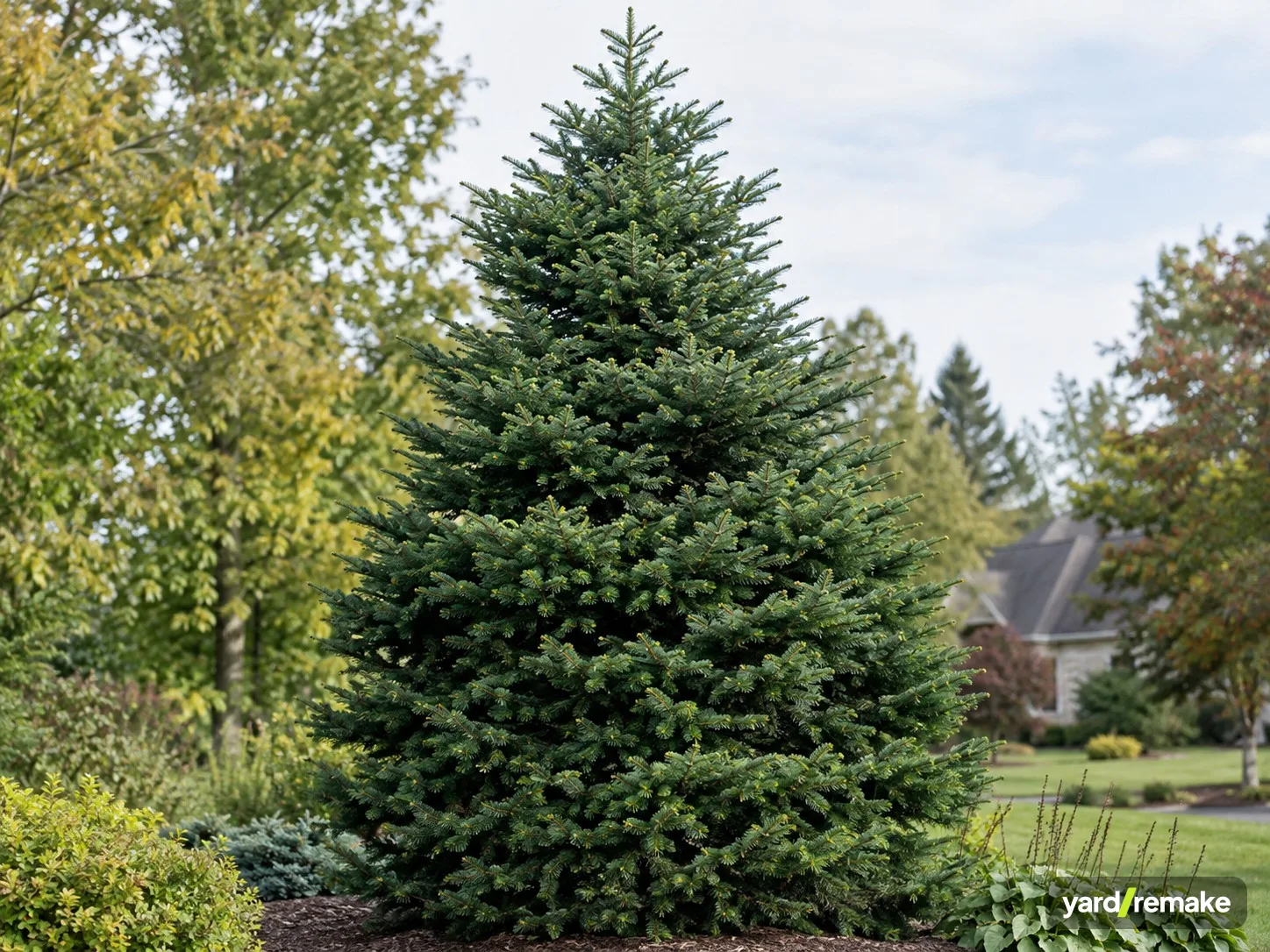 A mature Fraser Fir (Abies fraseri) growing in a residential garden bed