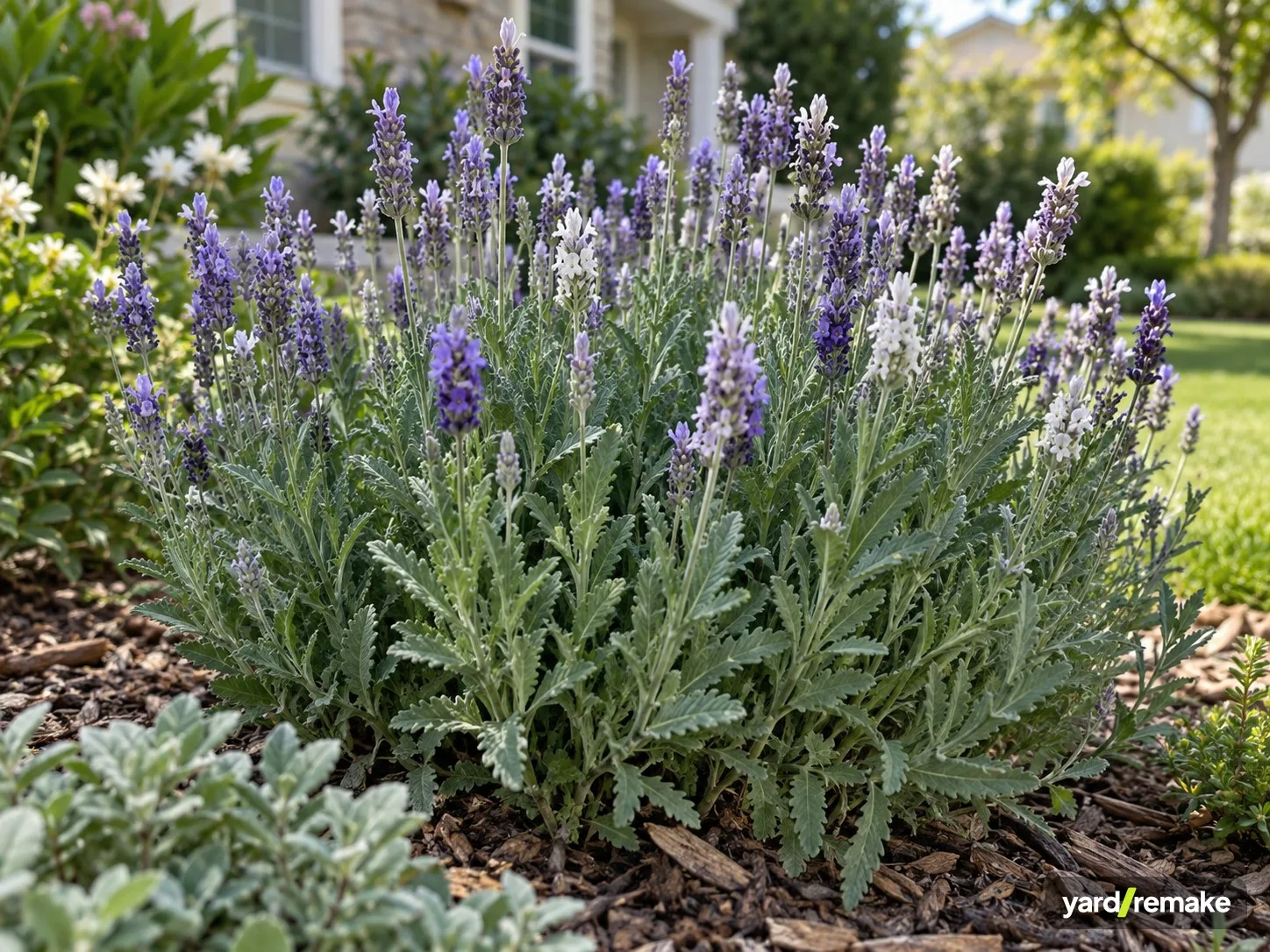 A mature French Lavender (Lavandula dentata) growing in a residential garden bed