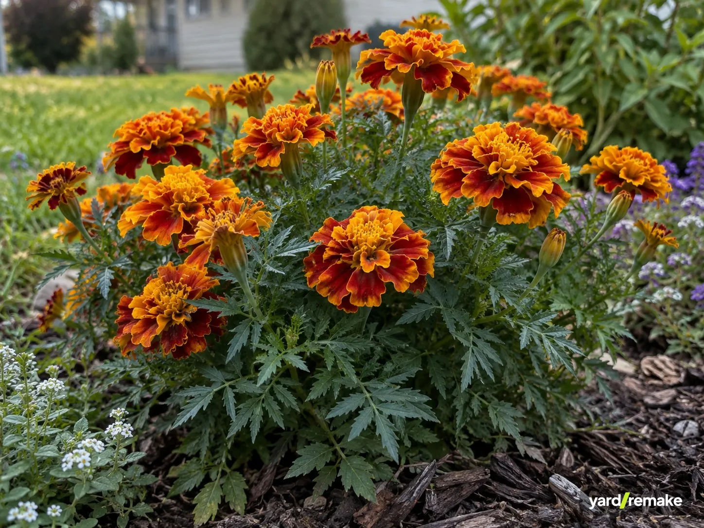 A mature French Marigold (Tagetes patula) growing in a residential garden bed