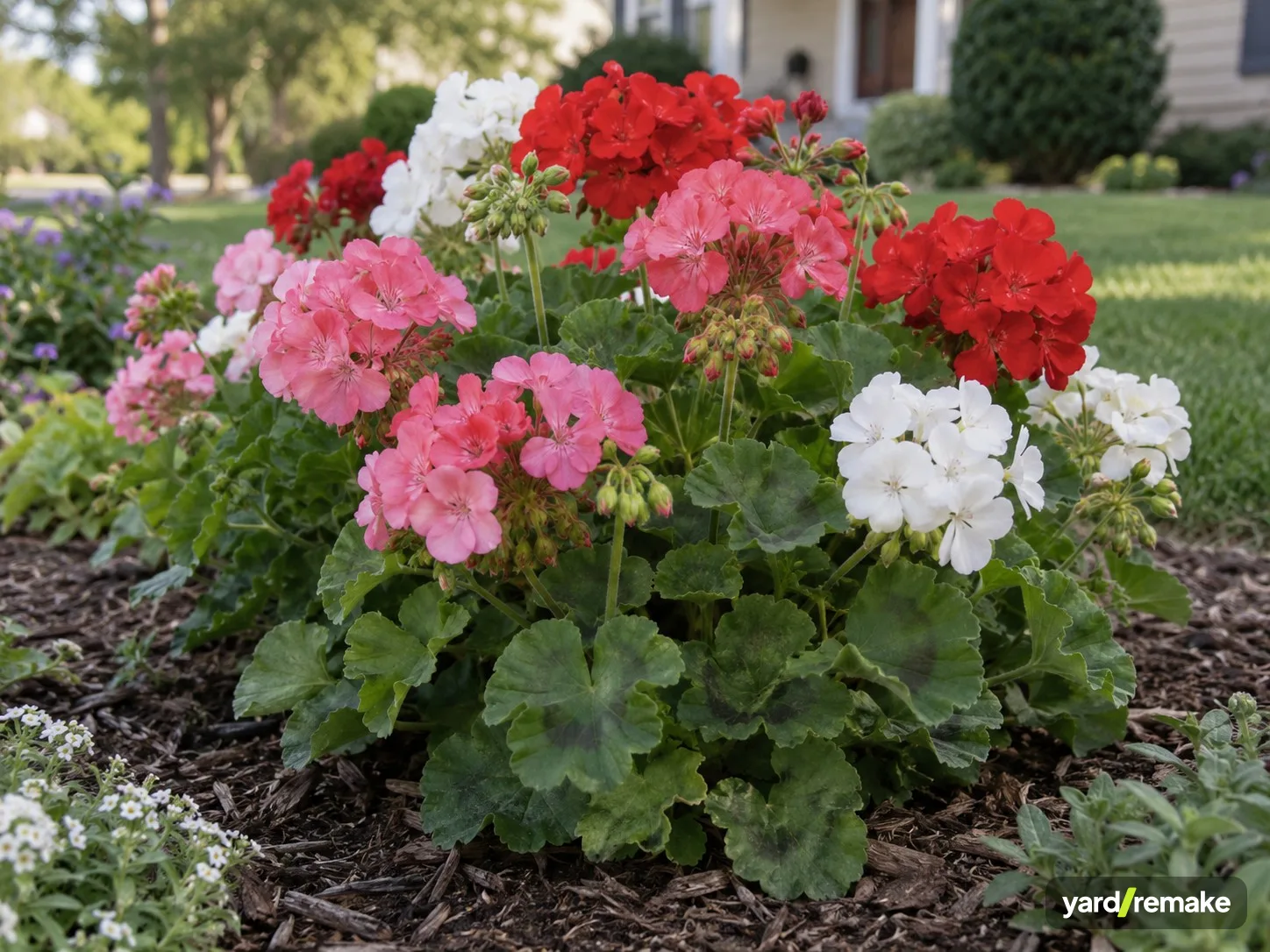 A mature Garden Geranium (Pelargonium × hortorum) growing in a residential garden bed