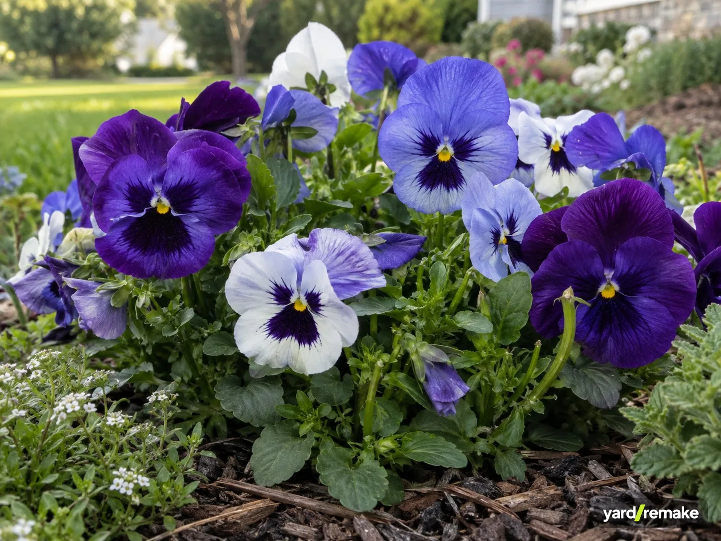 A mature Garden Pansy (Viola × wittrockiana) growing in a residential garden bed