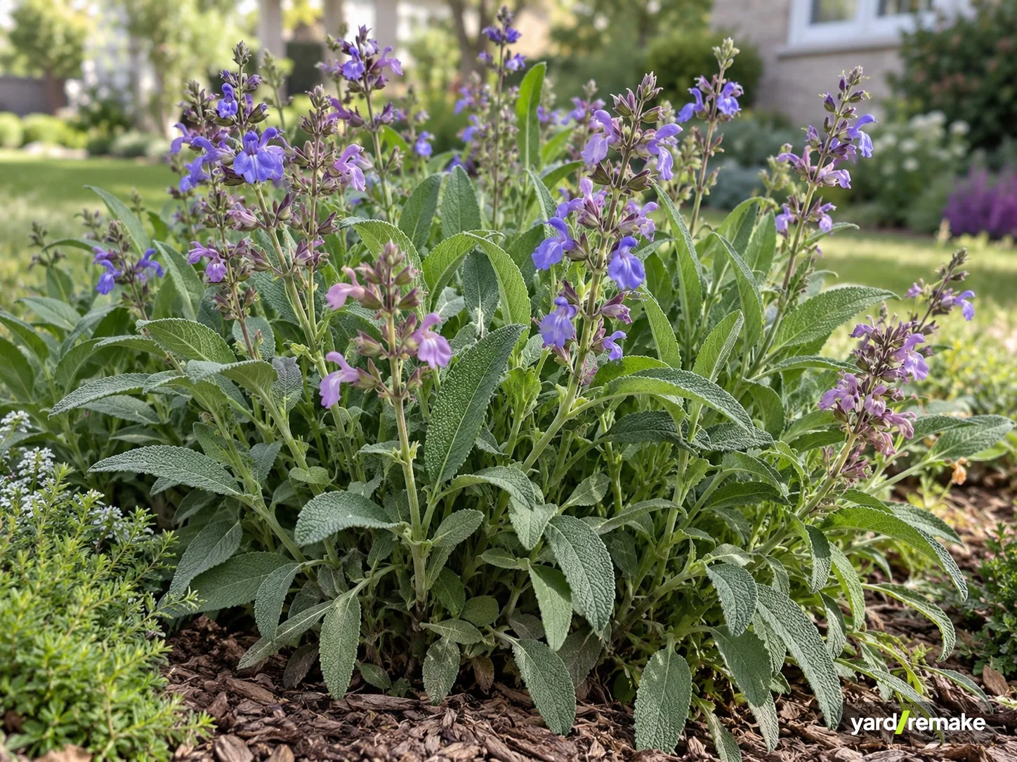 A mature Garden Sage (Salvia officinalis) growing in a residential garden bed