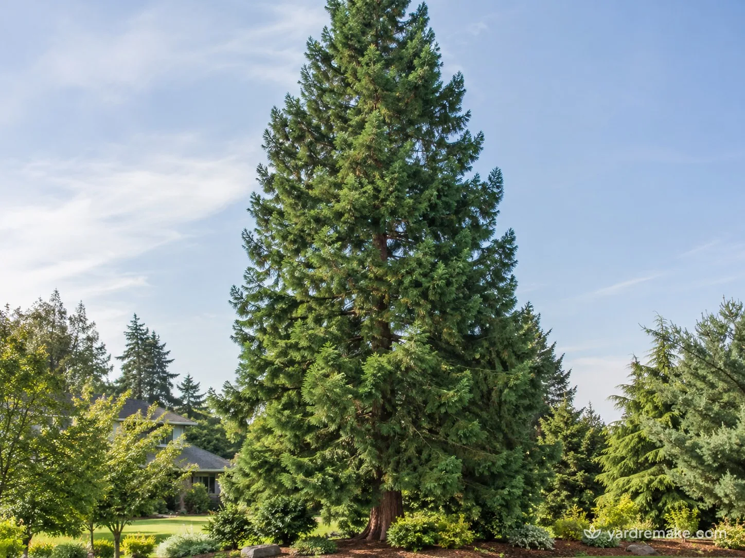 A mature Giant Sequoia (Sequoiadendron giganteum) growing in a residential garden bed