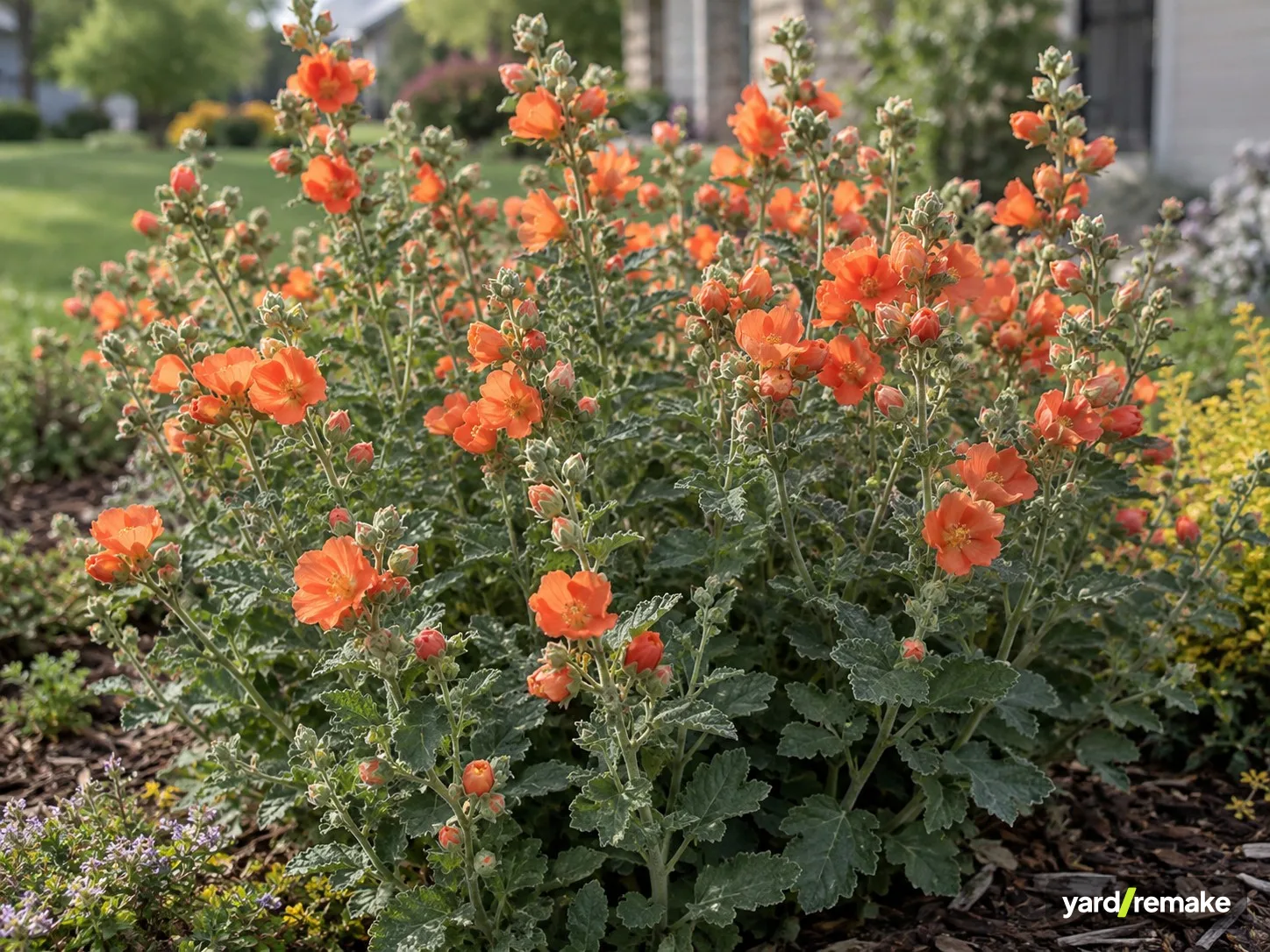 A mature Globe Mallow (Sphaeralcea ambigua) growing in a residential garden bed