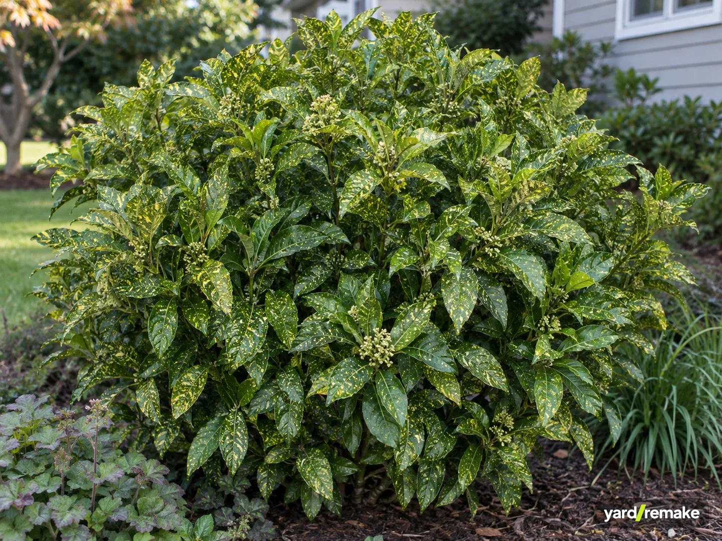 A mature Gold Dust Aucuba (Aucuba japonica) growing in a residential garden bed