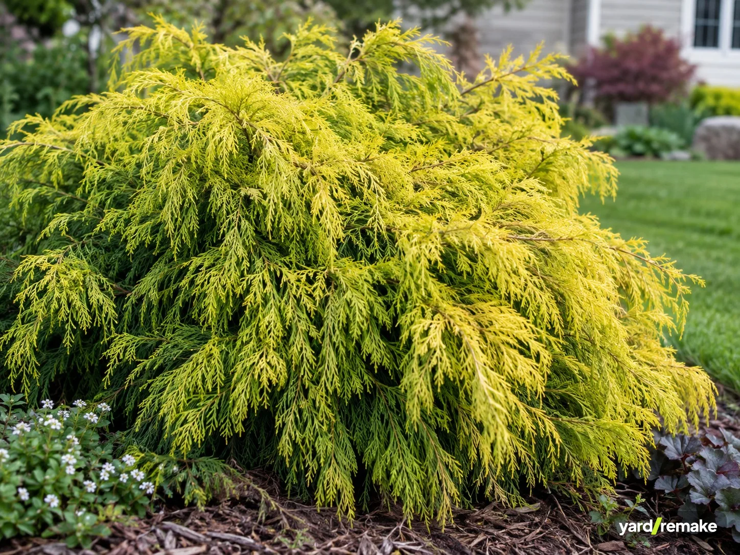 A mature Gold Mop False Cypress (Chamaecyparis pisifera) growing in a residential garden bed
