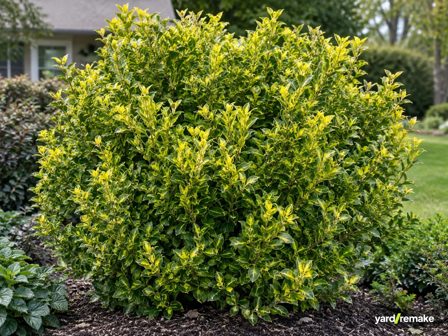 A mature Golden Euonymus (Euonymus japonicus) growing in a residential garden bed