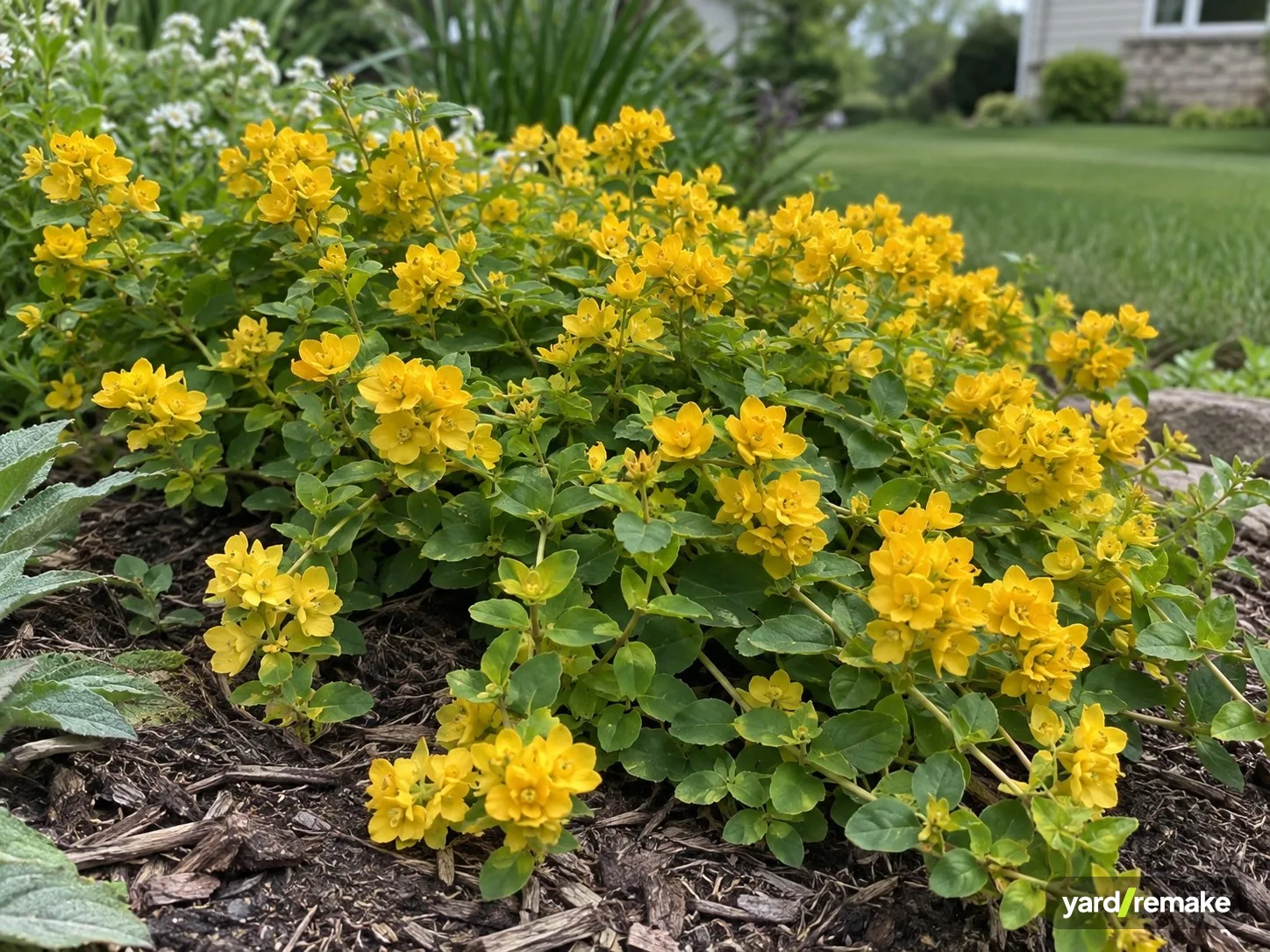 A mature Golden Globes Loosestrife (Lysimachia congestiflora 'Golden Globes') growing in a residential garden bed