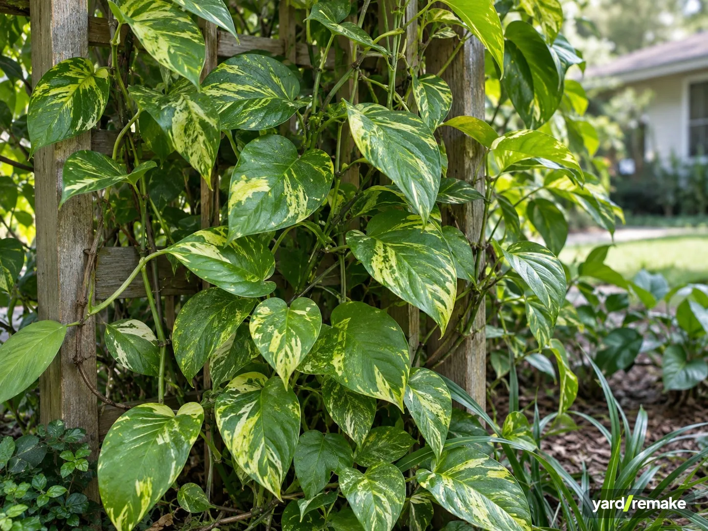 A mature Golden Pothos (Epipremnum aureum) growing in a residential garden bed