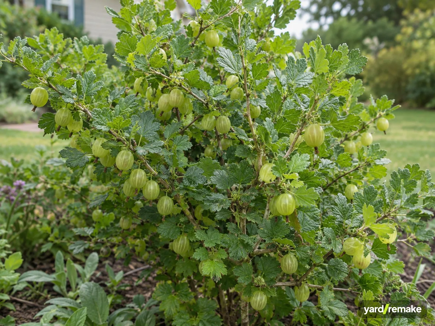A mature Gooseberry (Ribes uva-crispa) growing in a residential garden bed