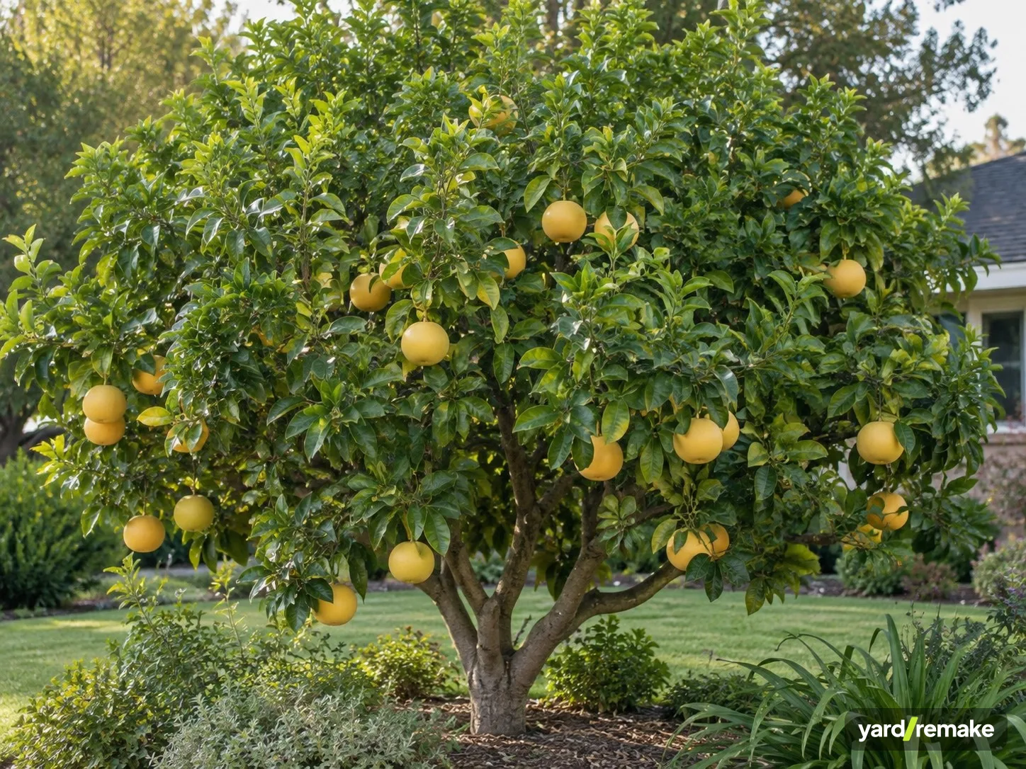 A mature Grapefruit (Citrus paradisi) growing in a residential garden bed