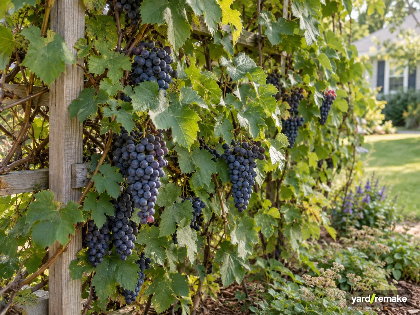 A mature Grapevine (Vitis vinifera) growing in a residential garden bed