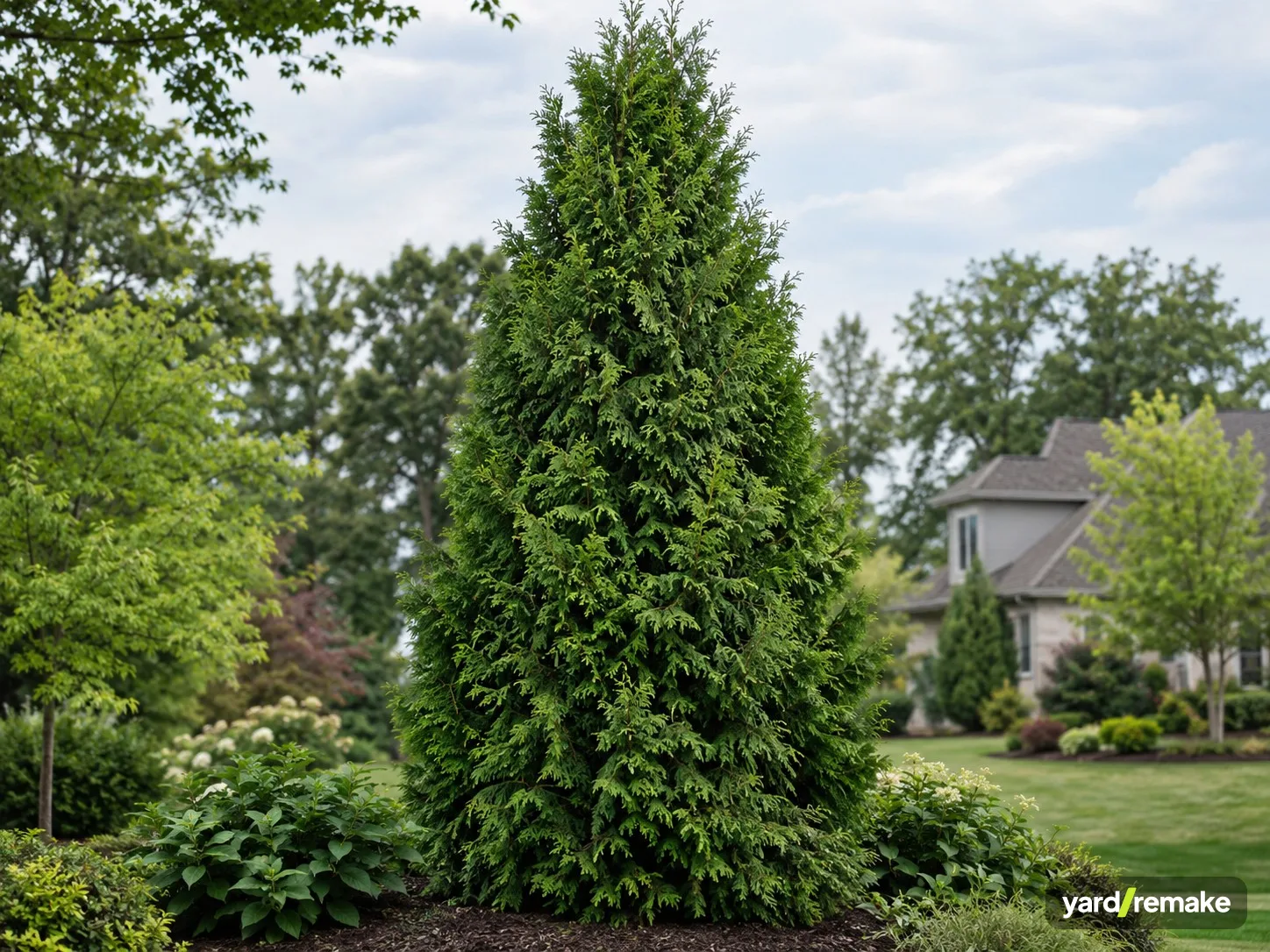 A mature Green Giant Arborvitae (Thuja plicata) growing in a residential garden bed