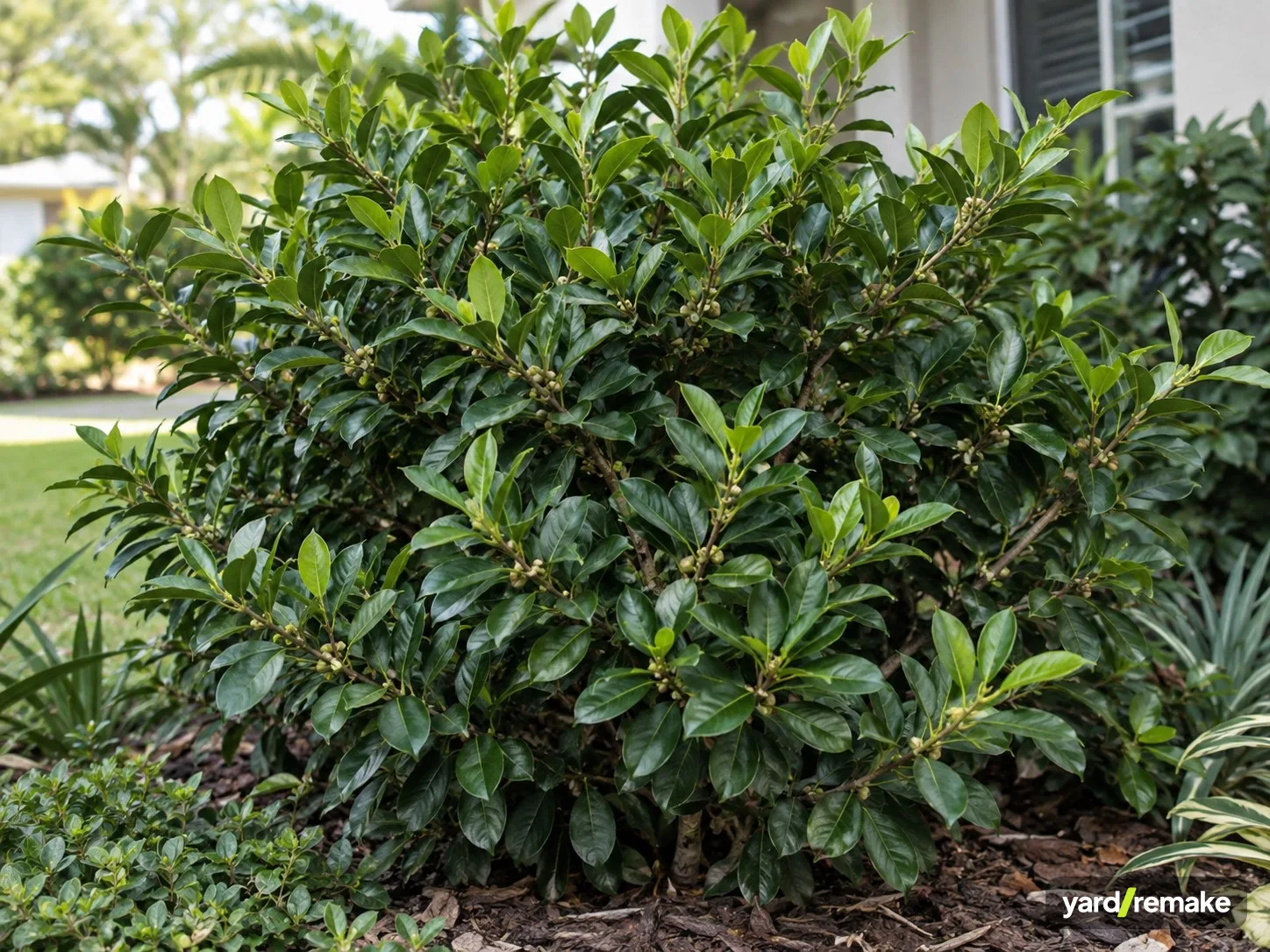 A mature Green Island Ficus (Ficus microcarpa) growing in a residential garden bed