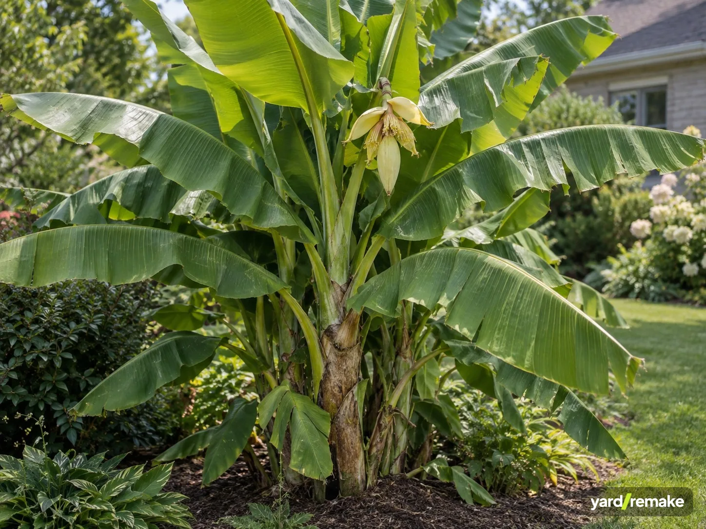 A mature Hardy Banana (Musa basjoo) growing in a residential garden bed