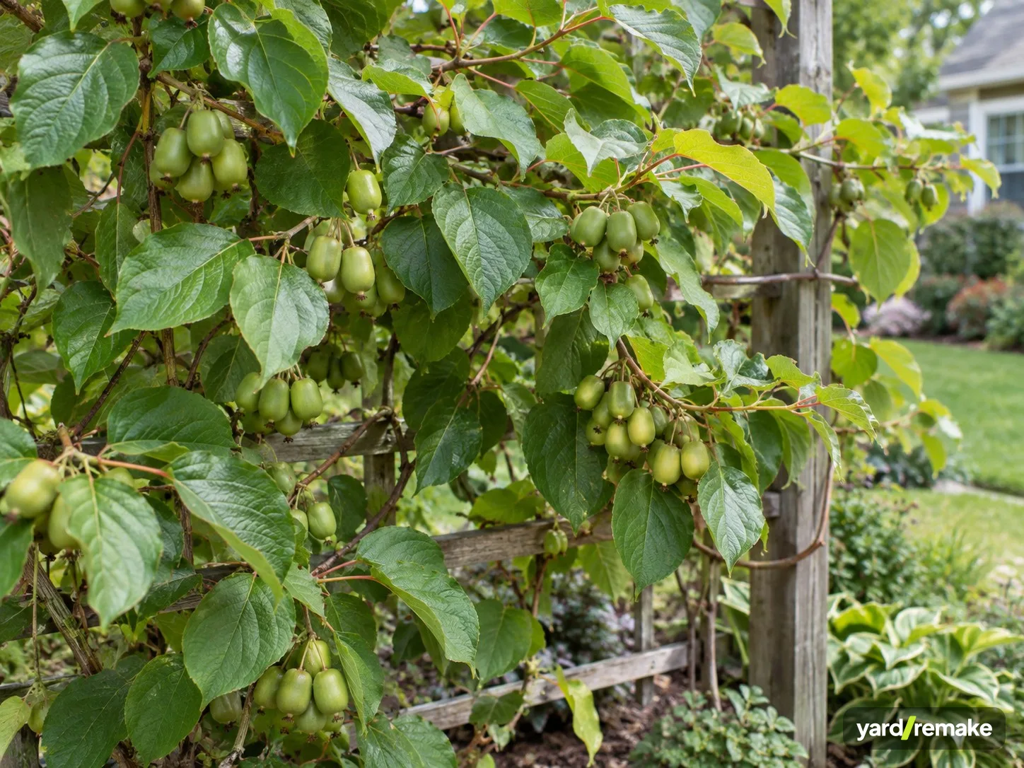 A mature Hardy Kiwi (Actinidia arguta) growing in a residential garden bed