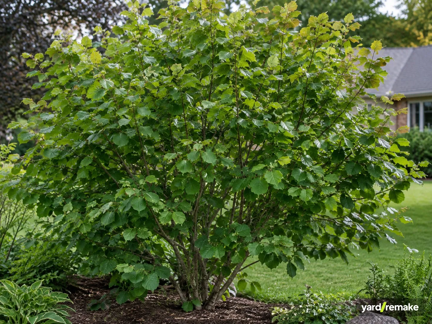 A mature Hazelnut (Corylus avellana) growing in a residential garden bed