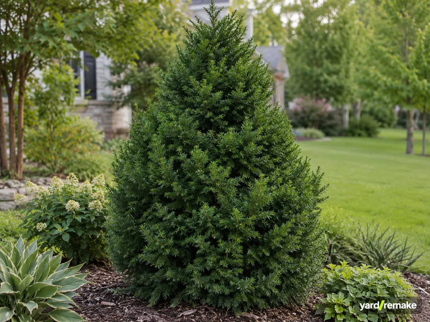 A mature Hicks Yew (Taxus x media) growing in a residential garden bed