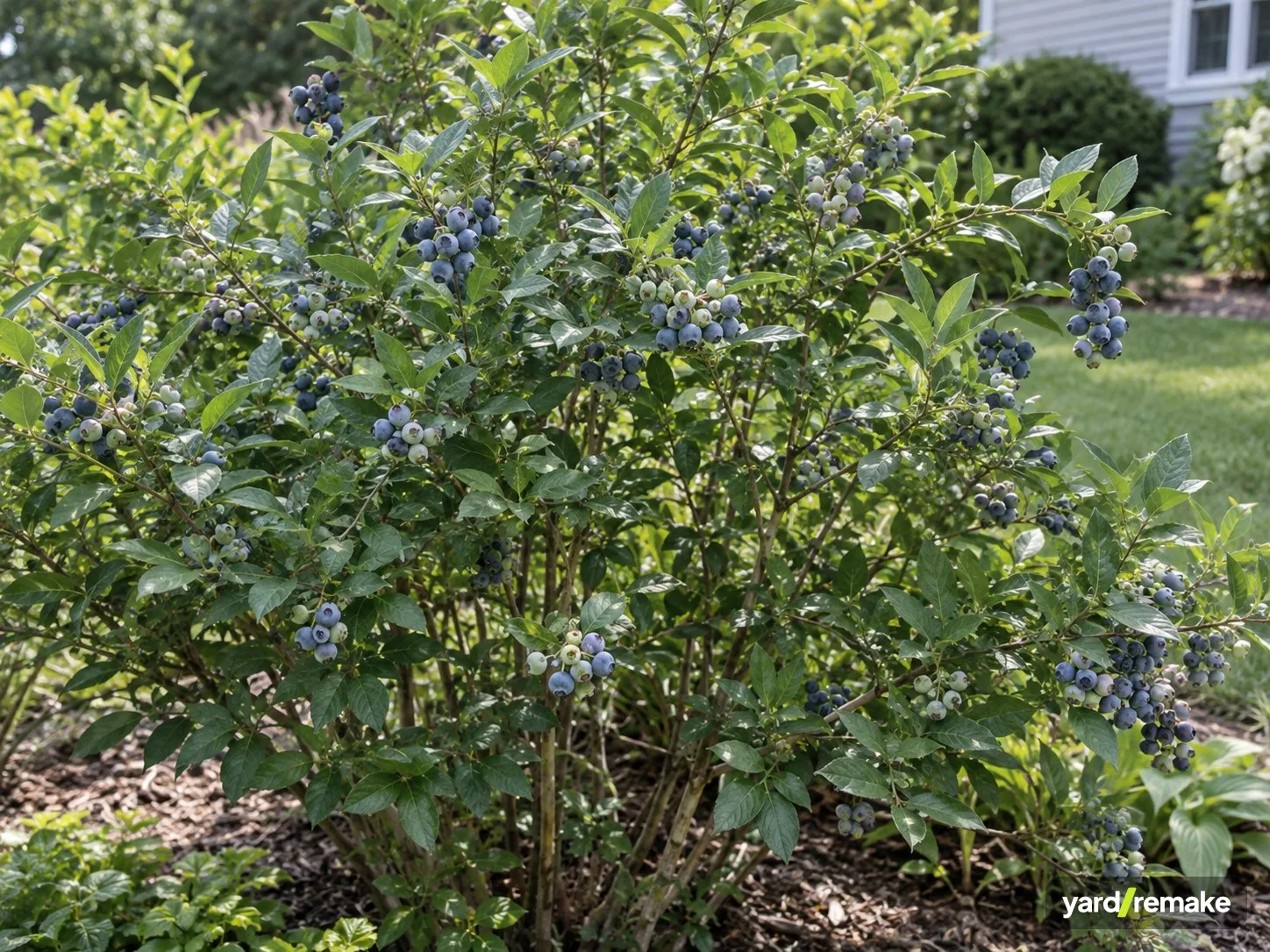 A mature Highbush Blueberry (Vaccinium corymbosum) growing in a residential garden bed