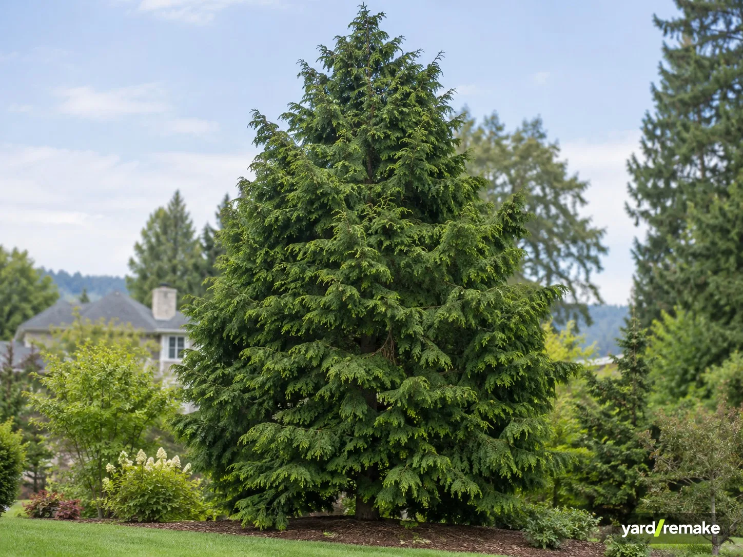 A mature Hinoki Cypress (Chamaecyparis obtusa) growing in a residential garden bed