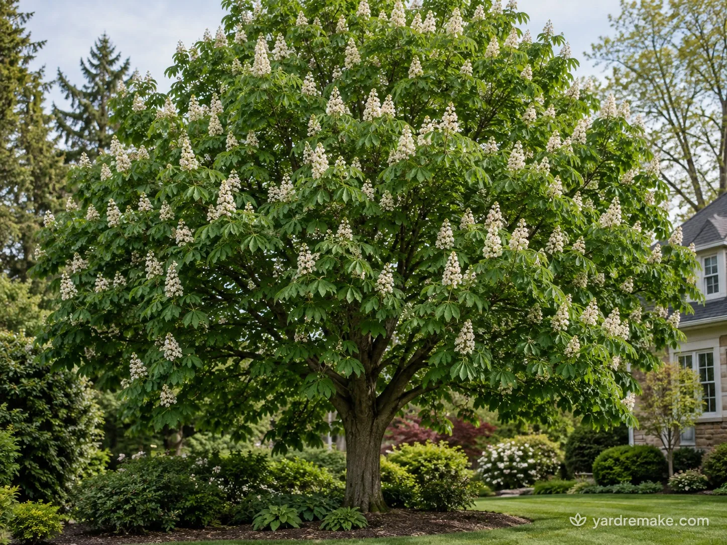 A mature Common Horsechestnut (Aesculus hippocastanum) growing in a residential garden bed