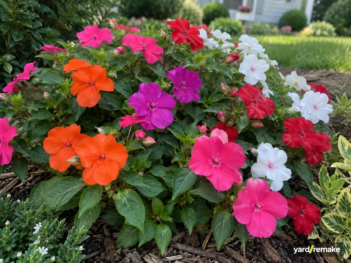 A mature Impatiens (Impatiens walleriana) growing in a residential garden bed
