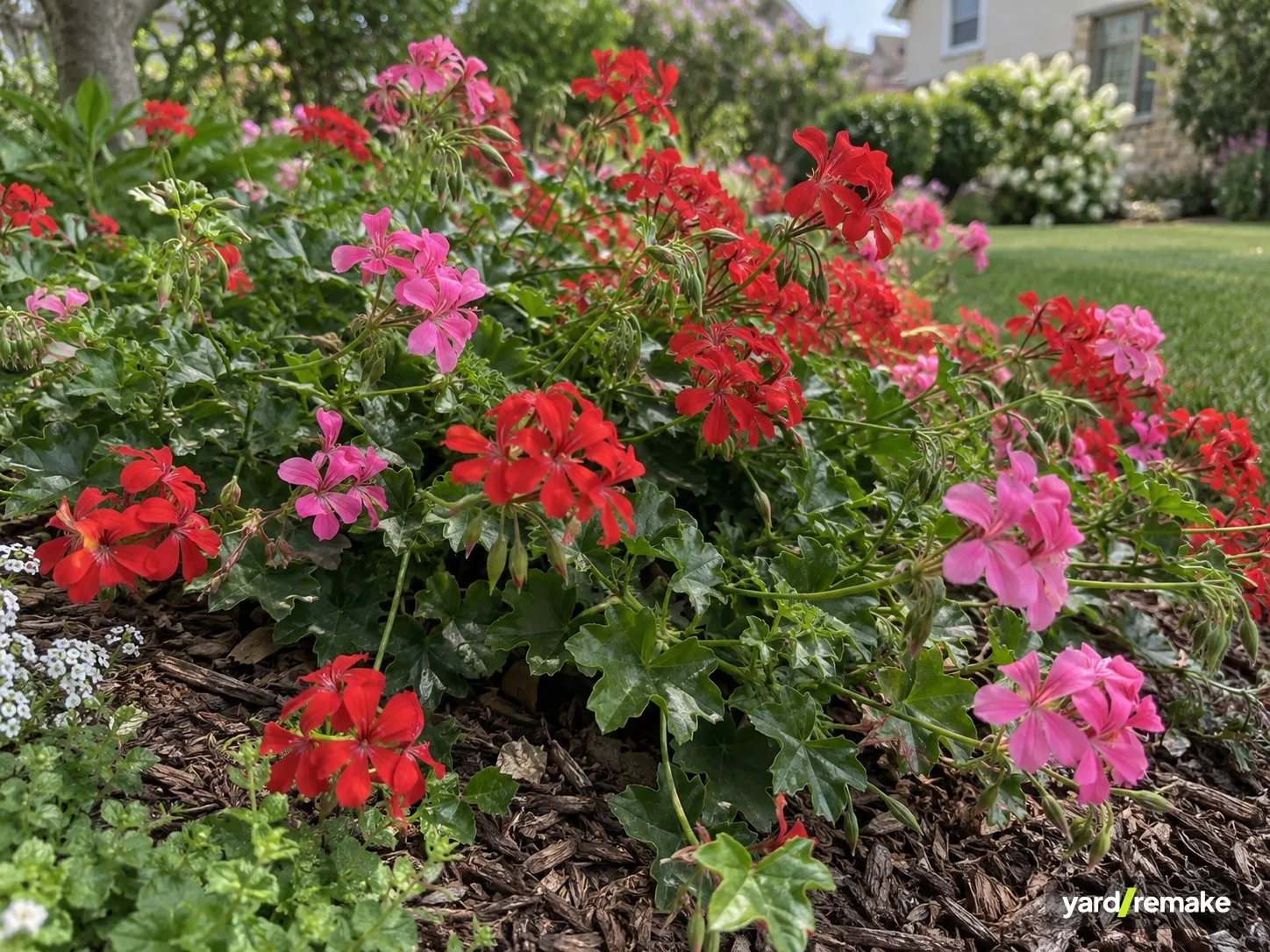 A mature Ivy Geranium (Pelargonium peltatum) growing in a residential garden bed