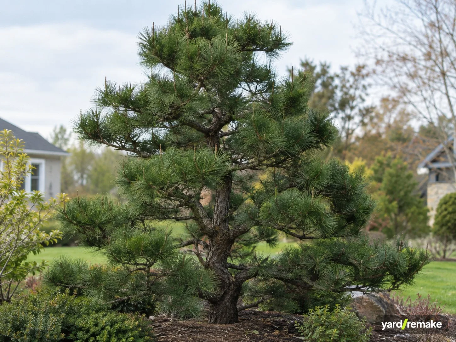 A mature Japanese Black Pine (Pinus thunbergii) growing in a residential garden bed