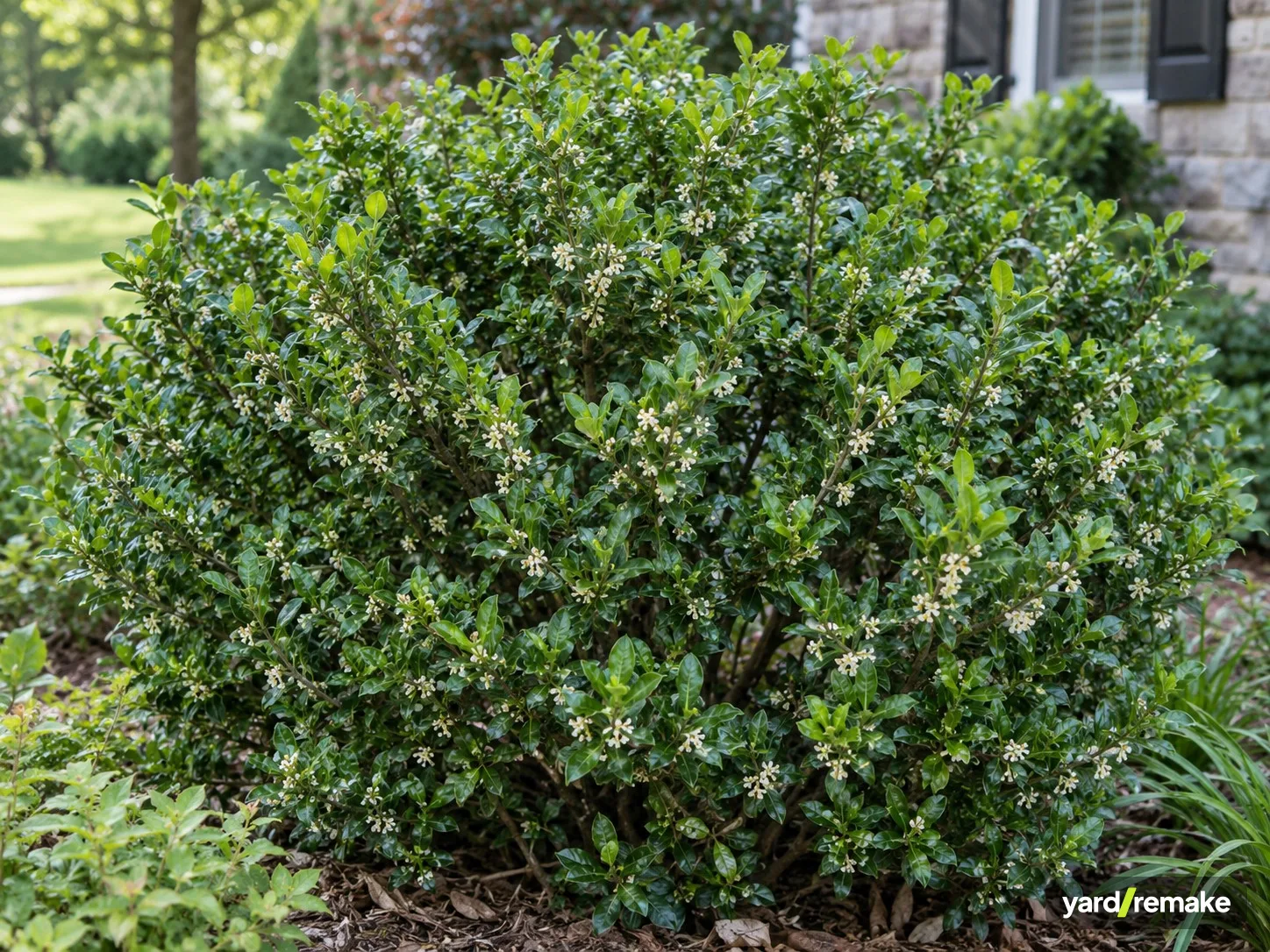 A mature Japanese Holly (Ilex crenata) growing in a residential garden bed