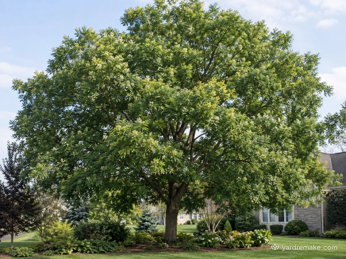A mature Japanese Pagoda Tree (Styphnolobium japonicum) growing in a residential garden bed
