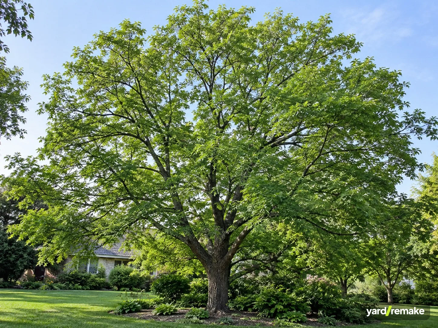 A mature Kentucky Coffeetree (Gymnocladus dioicus) growing in a residential garden bed