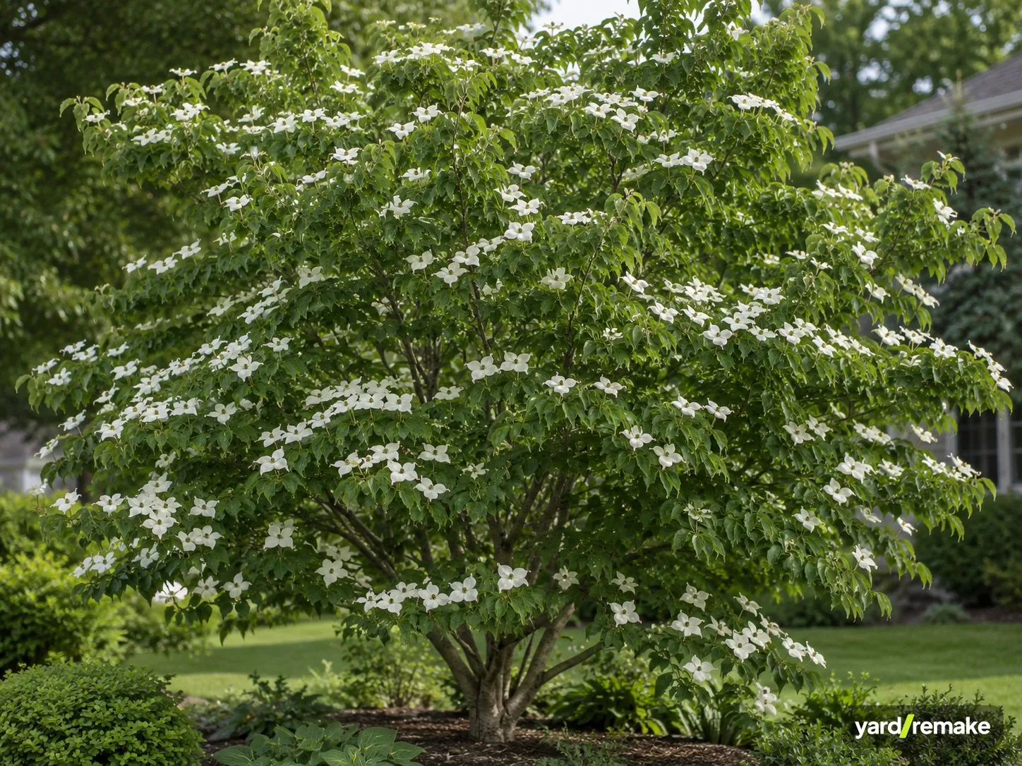 A mature Kousa Dogwood (Cornus kousa) growing in a residential garden bed