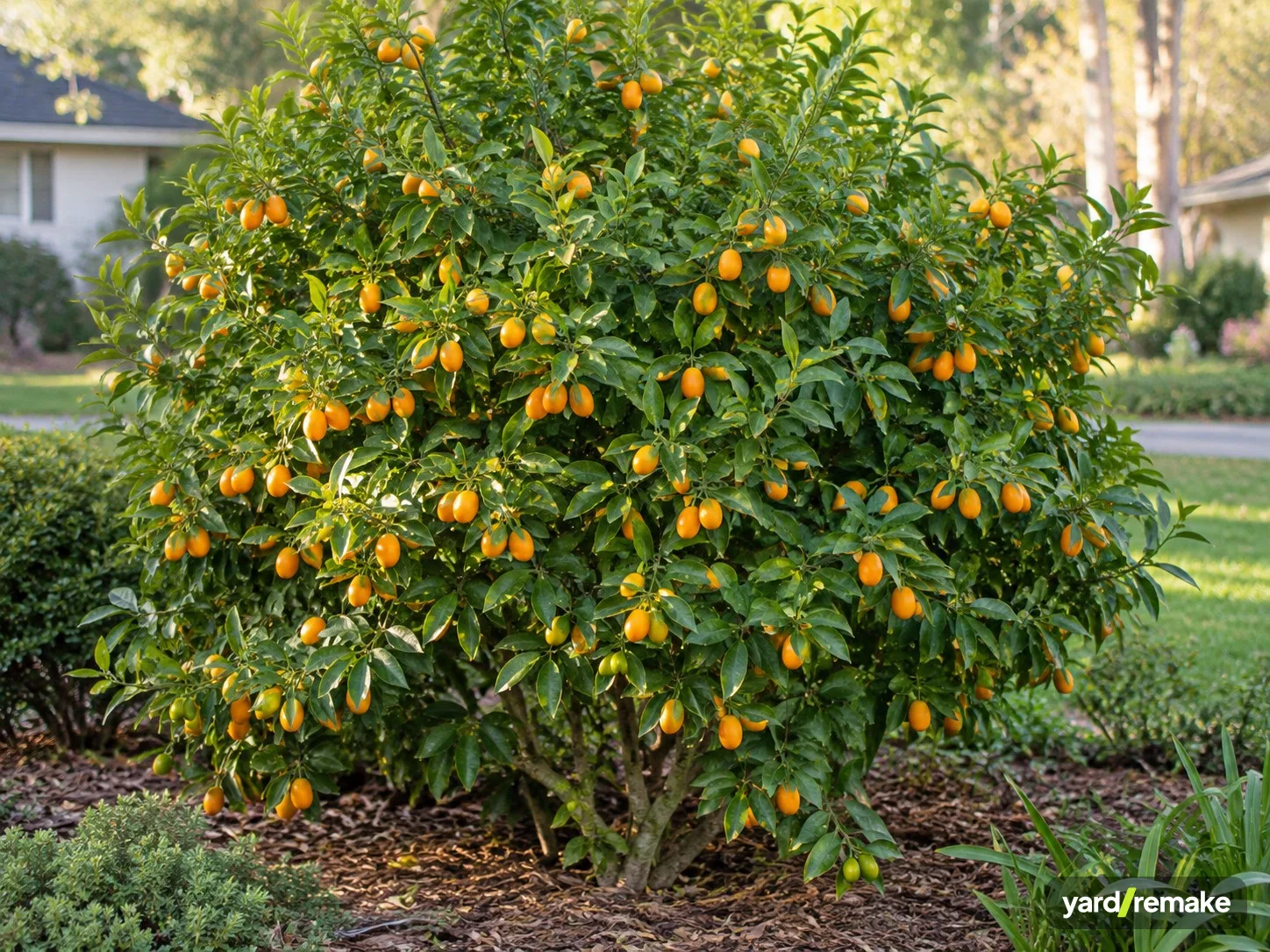 A mature Kumquat (Citrus japonica) growing in a residential garden bed