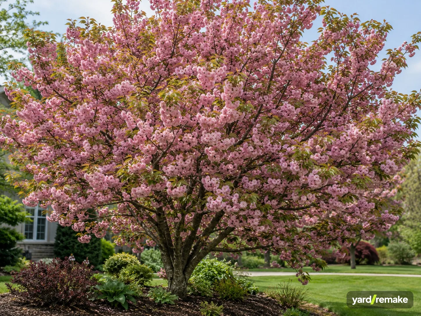 A mature Kwanzan Cherry (Prunus serrulata) growing in a residential garden bed
