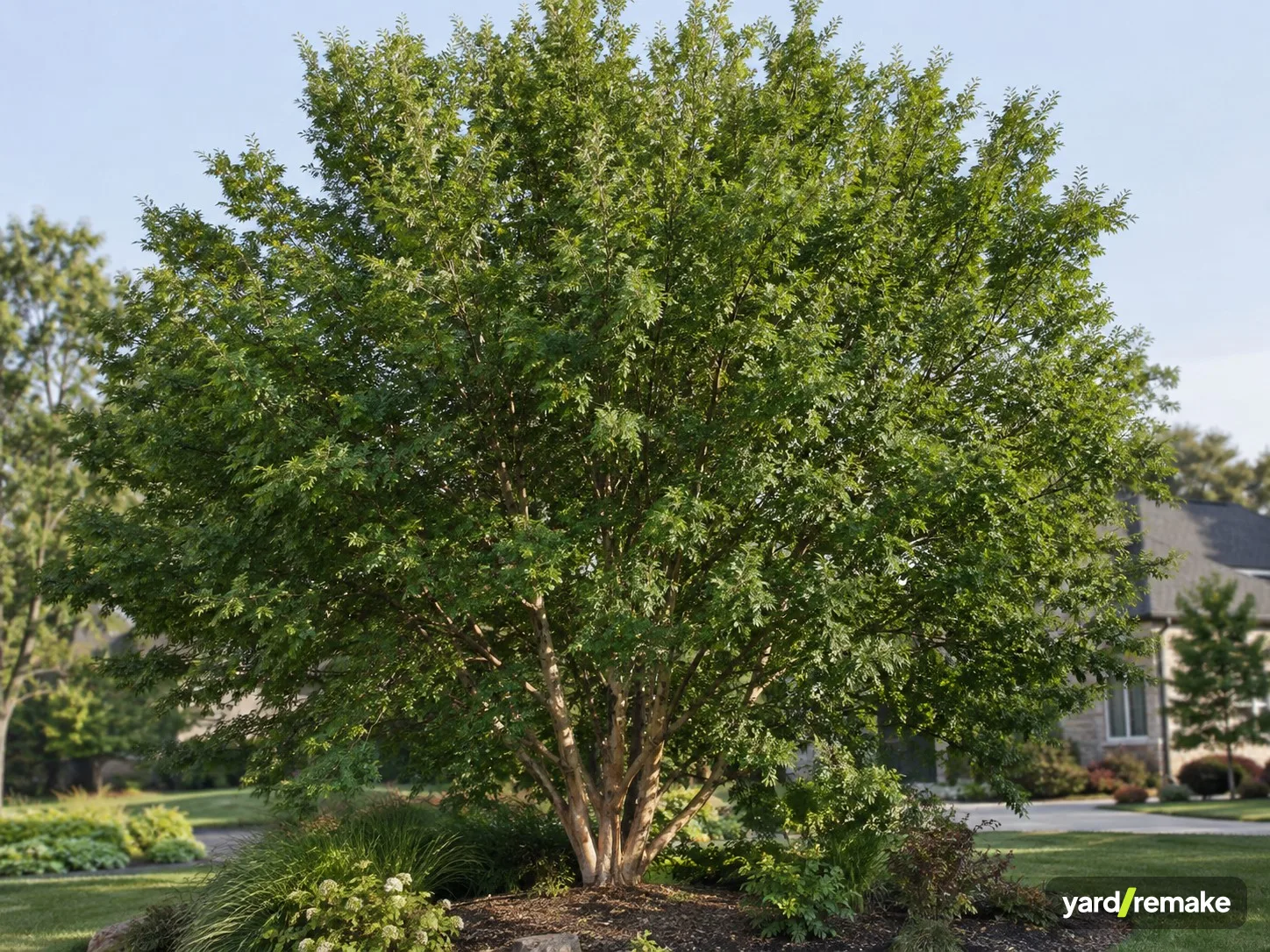 A mature Lacebark Elm (Ulmus parvifolia) growing in a residential garden bed